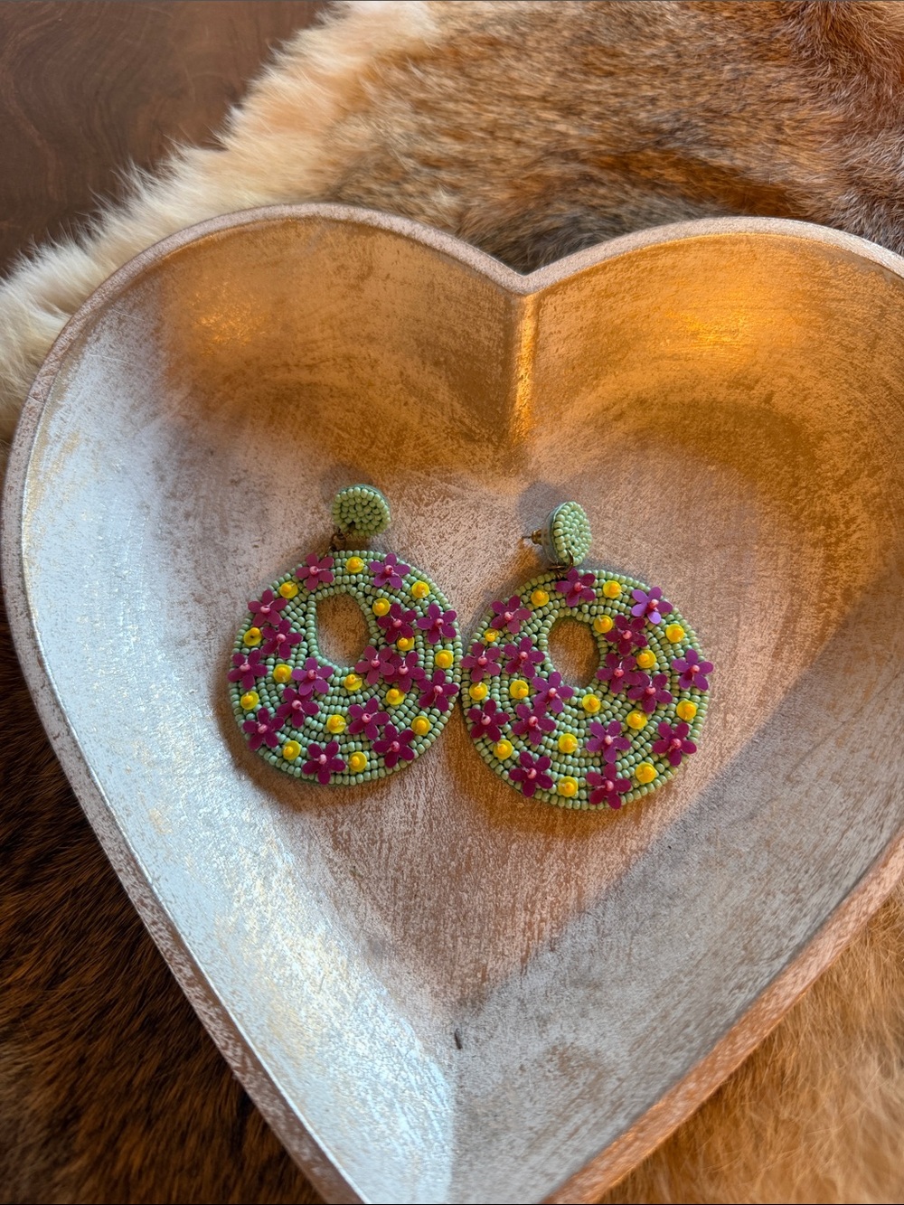 Green Beaded Floral Hoop Earrings - Women Jewelry